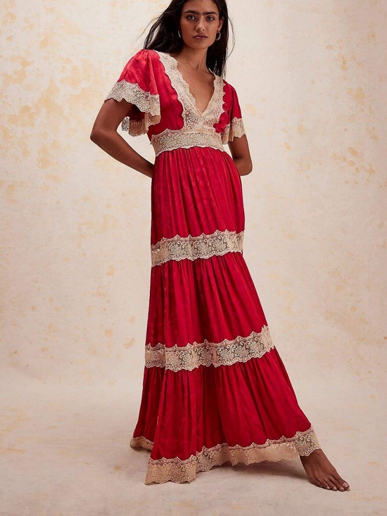 Spell Dresses & Skirts - Spell Red Maxi Dress with Cream Lace Trim